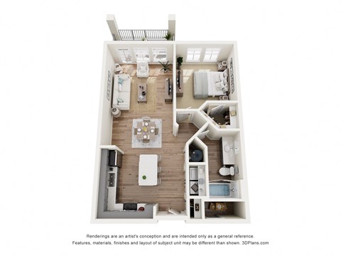 A 3D floor plan of a small apartment with a kitchen, living room, and bedrooms.
